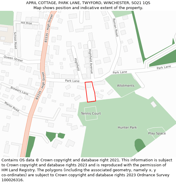 APRIL COTTAGE, PARK LANE, TWYFORD, WINCHESTER, SO21 1QS: Location map and indicative extent of plot