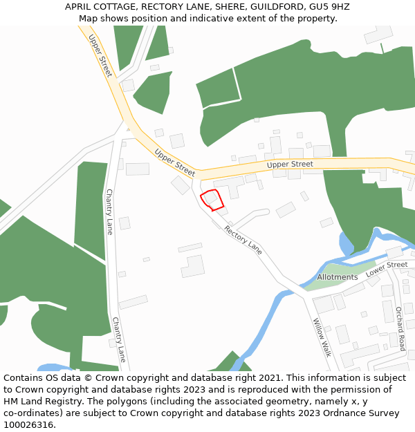 APRIL COTTAGE, RECTORY LANE, SHERE, GUILDFORD, GU5 9HZ: Location map and indicative extent of plot