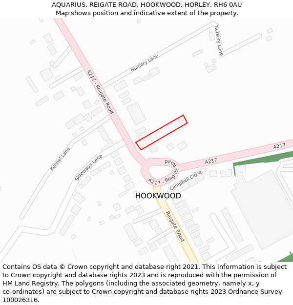 AQUARIUS, REIGATE ROAD, HOOKWOOD, HORLEY, RH6 0AU: Location map and indicative extent of plot