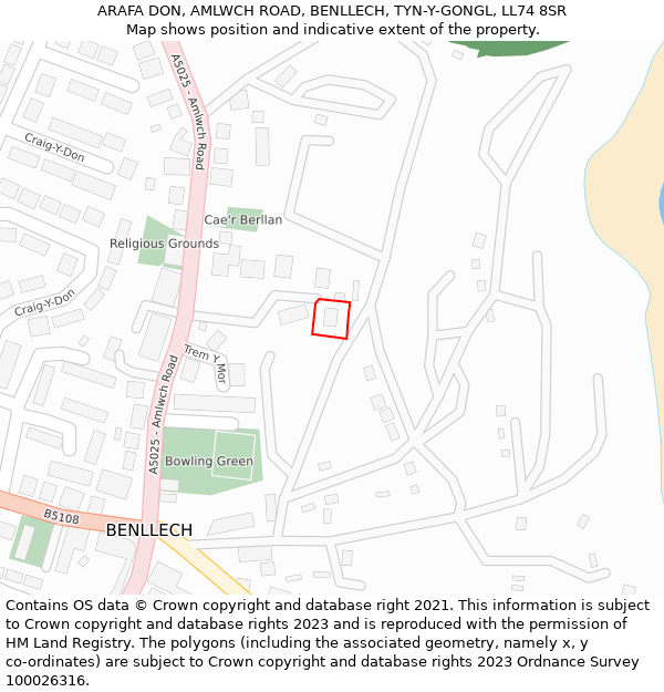 ARAFA DON, AMLWCH ROAD, BENLLECH, TYN-Y-GONGL, LL74 8SR: Location map and indicative extent of plot