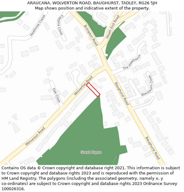 ARAUCANA, WOLVERTON ROAD, BAUGHURST, TADLEY, RG26 5JH: Location map and indicative extent of plot