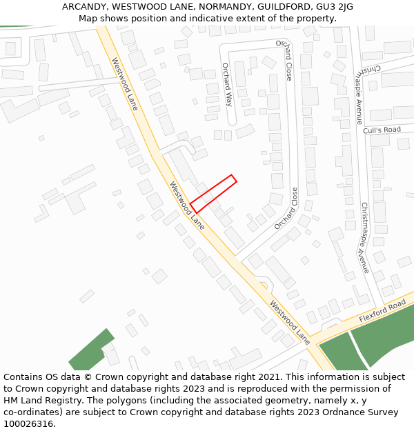 ARCANDY, WESTWOOD LANE, NORMANDY, GUILDFORD, GU3 2JG: Location map and indicative extent of plot