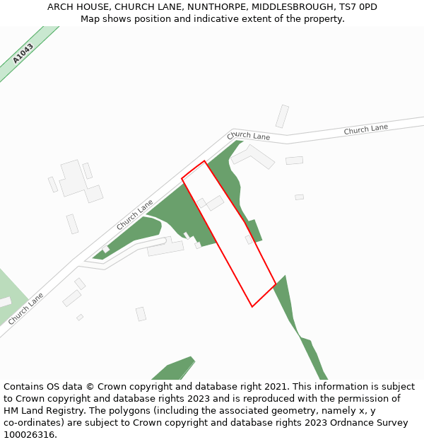 ARCH HOUSE, CHURCH LANE, NUNTHORPE, MIDDLESBROUGH, TS7 0PD: Location map and indicative extent of plot