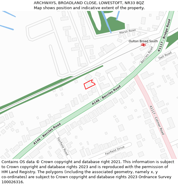 ARCHWAYS, BROADLAND CLOSE, LOWESTOFT, NR33 8QZ: Location map and indicative extent of plot