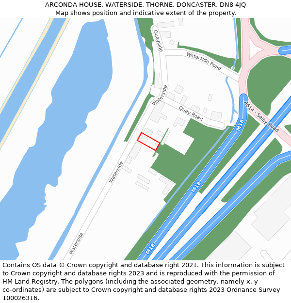 ARCONDA HOUSE, WATERSIDE, THORNE, DONCASTER, DN8 4JQ: Location map and indicative extent of plot