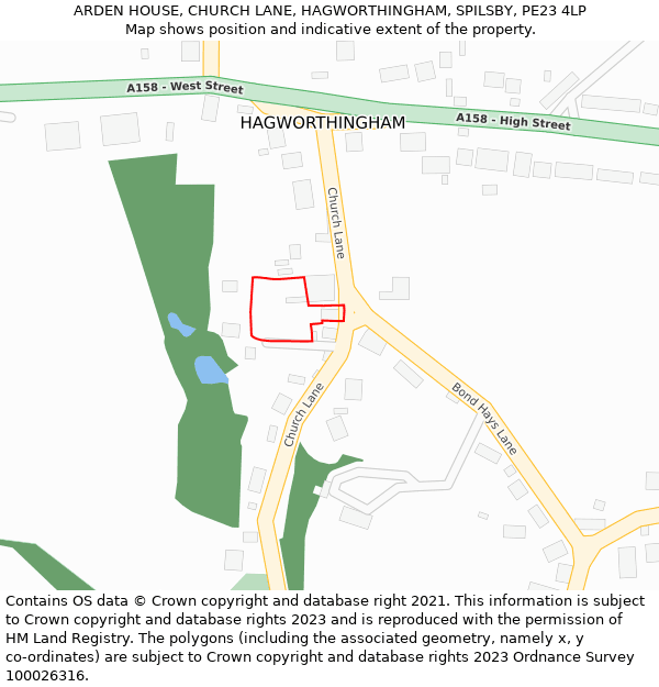 ARDEN HOUSE, CHURCH LANE, HAGWORTHINGHAM, SPILSBY, PE23 4LP: Location map and indicative extent of plot
