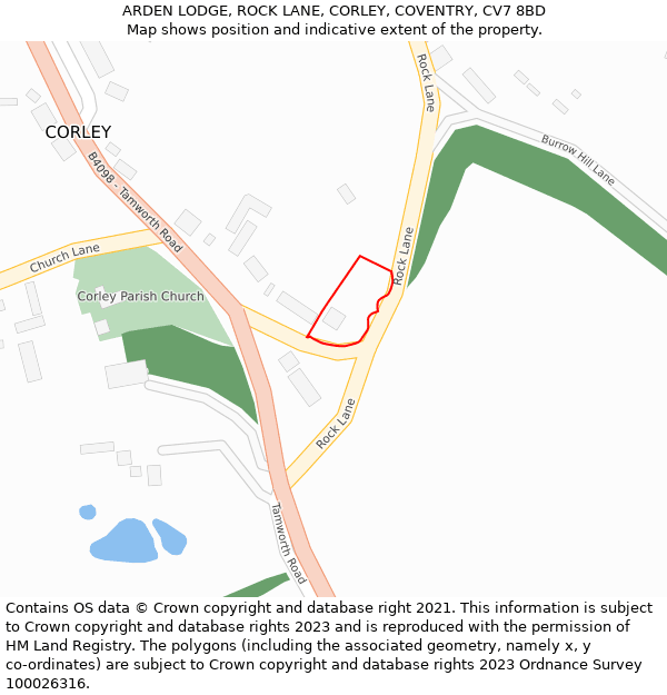 ARDEN LODGE, ROCK LANE, CORLEY, COVENTRY, CV7 8BD: Location map and indicative extent of plot