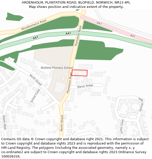 ARDENHOLM, PLANTATION ROAD, BLOFIELD, NORWICH, NR13 4PL: Location map and indicative extent of plot