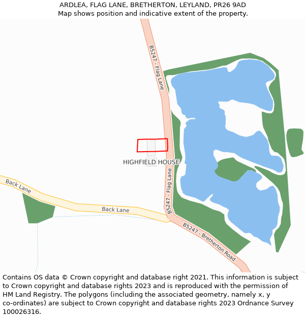 ARDLEA, FLAG LANE, BRETHERTON, LEYLAND, PR26 9AD: Location map and indicative extent of plot