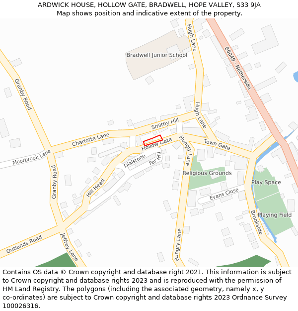 ARDWICK HOUSE, HOLLOW GATE, BRADWELL, HOPE VALLEY, S33 9JA: Location map and indicative extent of plot