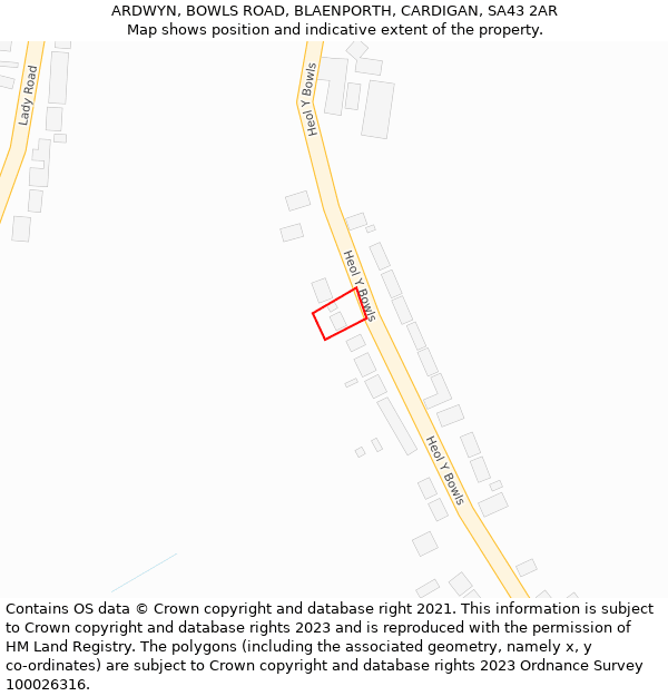 ARDWYN, BOWLS ROAD, BLAENPORTH, CARDIGAN, SA43 2AR: Location map and indicative extent of plot