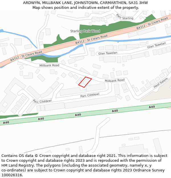 ARDWYN, MILLBANK LANE, JOHNSTOWN, CARMARTHEN, SA31 3HW: Location map and indicative extent of plot