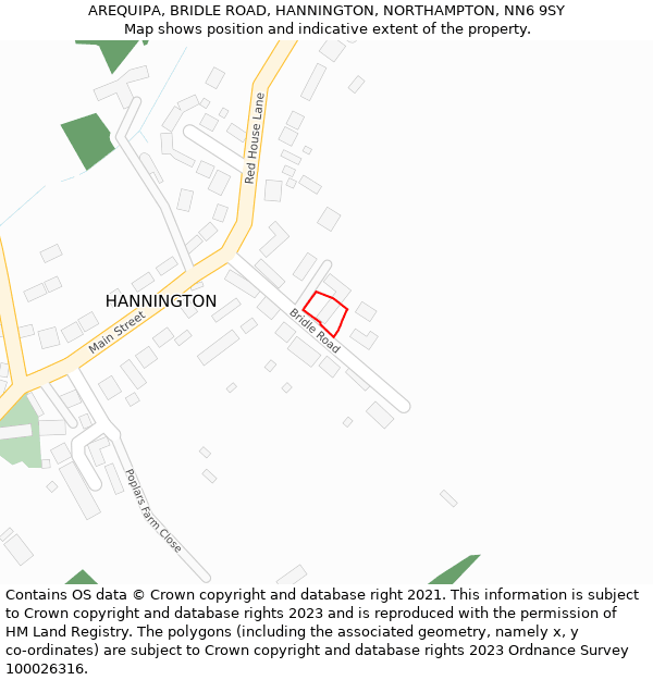 AREQUIPA, BRIDLE ROAD, HANNINGTON, NORTHAMPTON, NN6 9SY: Location map and indicative extent of plot