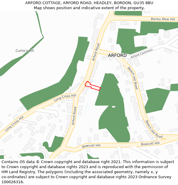 ARFORD COTTAGE, ARFORD ROAD, HEADLEY, BORDON, GU35 8BU: Location map and indicative extent of plot