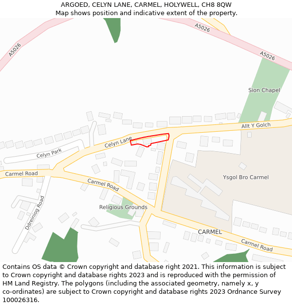 ARGOED, CELYN LANE, CARMEL, HOLYWELL, CH8 8QW: Location map and indicative extent of plot