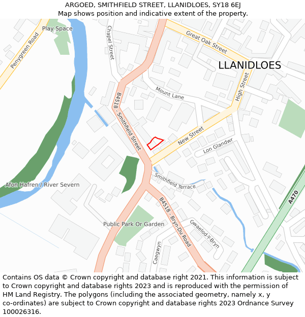 ARGOED, SMITHFIELD STREET, LLANIDLOES, SY18 6EJ: Location map and indicative extent of plot