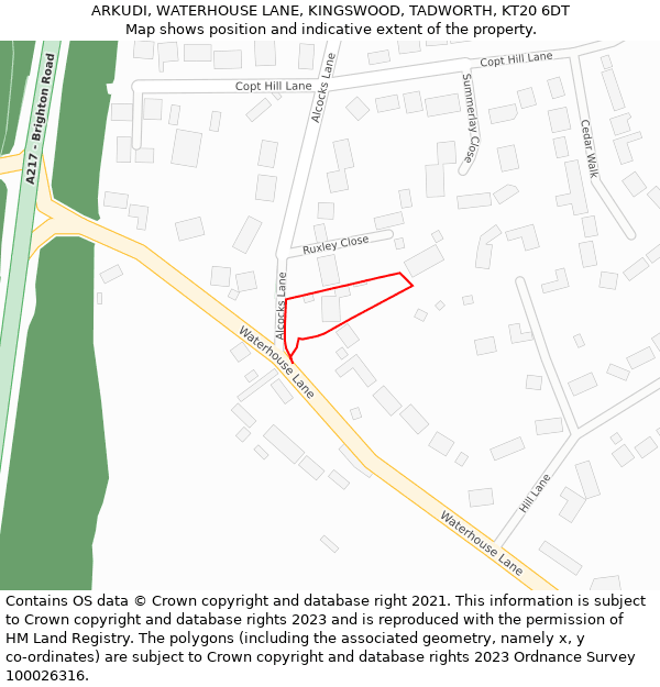 ARKUDI, WATERHOUSE LANE, KINGSWOOD, TADWORTH, KT20 6DT: Location map and indicative extent of plot