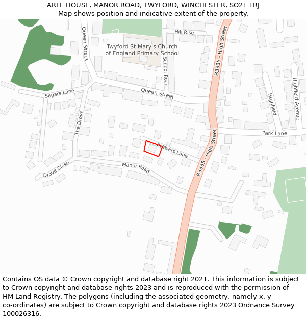 ARLE HOUSE, MANOR ROAD, TWYFORD, WINCHESTER, SO21 1RJ: Location map and indicative extent of plot