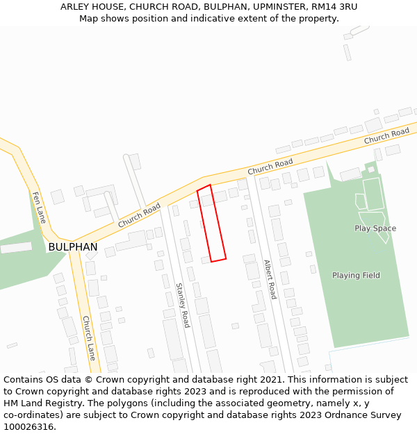 ARLEY HOUSE, CHURCH ROAD, BULPHAN, UPMINSTER, RM14 3RU: Location map and indicative extent of plot