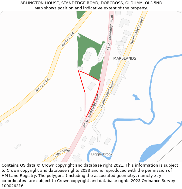 ARLINGTON HOUSE, STANDEDGE ROAD, DOBCROSS, OLDHAM, OL3 5NR: Location map and indicative extent of plot