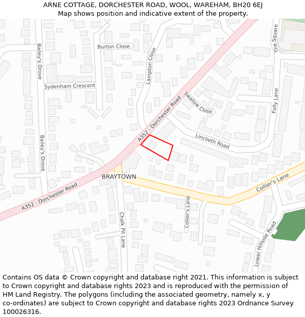 ARNE COTTAGE, DORCHESTER ROAD, WOOL, WAREHAM, BH20 6EJ: Location map and indicative extent of plot