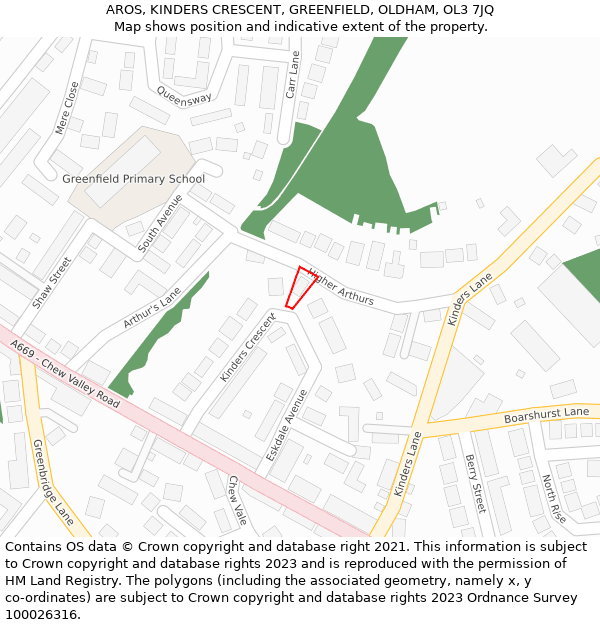 AROS, KINDERS CRESCENT, GREENFIELD, OLDHAM, OL3 7JQ: Location map and indicative extent of plot