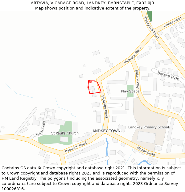 ARTAVIA, VICARAGE ROAD, LANDKEY, BARNSTAPLE, EX32 0JR: Location map and indicative extent of plot