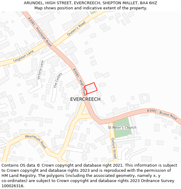 ARUNDEL, HIGH STREET, EVERCREECH, SHEPTON MALLET, BA4 6HZ: Location map and indicative extent of plot