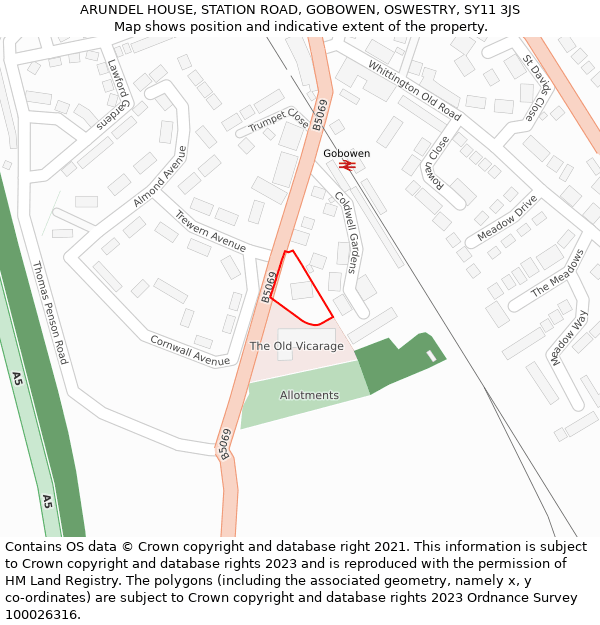 ARUNDEL HOUSE, STATION ROAD, GOBOWEN, OSWESTRY, SY11 3JS: Location map and indicative extent of plot