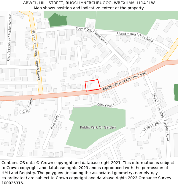 ARWEL, HILL STREET, RHOSLLANERCHRUGOG, WREXHAM, LL14 1LW: Location map and indicative extent of plot