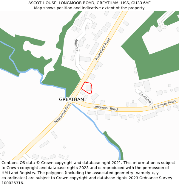 ASCOT HOUSE, LONGMOOR ROAD, GREATHAM, LISS, GU33 6AE: Location map and indicative extent of plot