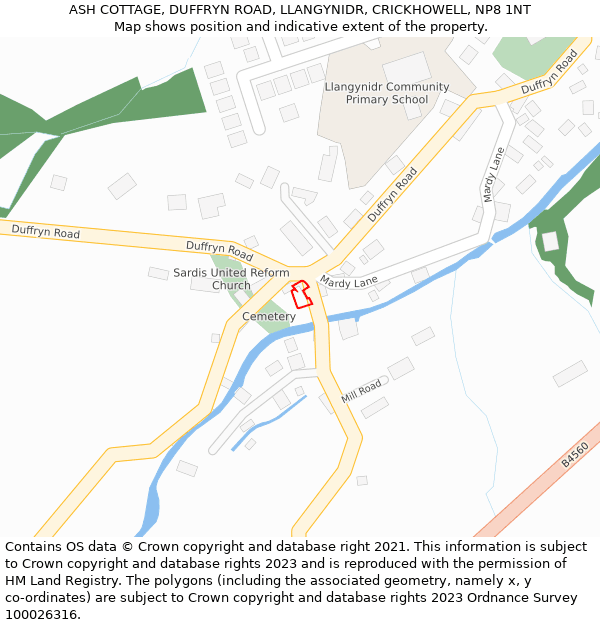 ASH COTTAGE, DUFFRYN ROAD, LLANGYNIDR, CRICKHOWELL, NP8 1NT: Location map and indicative extent of plot