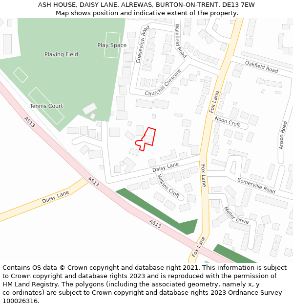 ASH HOUSE, DAISY LANE, ALREWAS, BURTON-ON-TRENT, DE13 7EW: Location map and indicative extent of plot