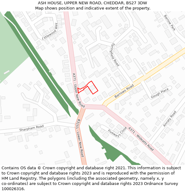 ASH HOUSE, UPPER NEW ROAD, CHEDDAR, BS27 3DW: Location map and indicative extent of plot