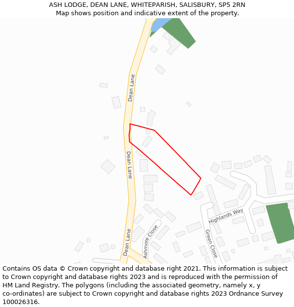 ASH LODGE, DEAN LANE, WHITEPARISH, SALISBURY, SP5 2RN: Location map and indicative extent of plot