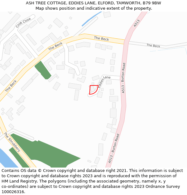 ASH TREE COTTAGE, EDDIES LANE, ELFORD, TAMWORTH, B79 9BW: Location map and indicative extent of plot