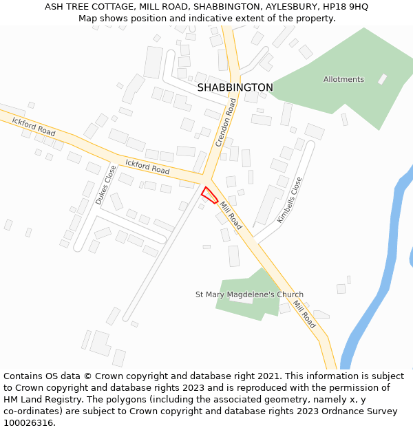 ASH TREE COTTAGE, MILL ROAD, SHABBINGTON, AYLESBURY, HP18 9HQ: Location map and indicative extent of plot