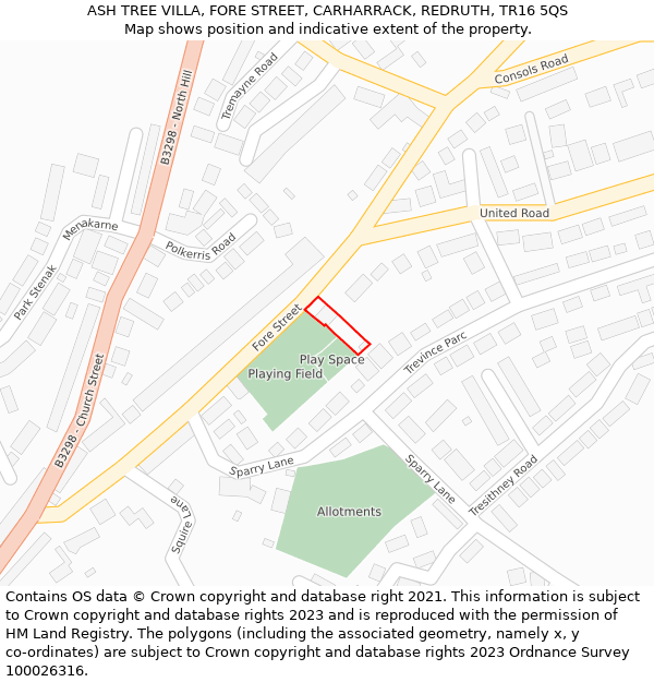 ASH TREE VILLA, FORE STREET, CARHARRACK, REDRUTH, TR16 5QS: Location map and indicative extent of plot
