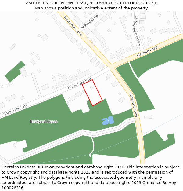 ASH TREES, GREEN LANE EAST, NORMANDY, GUILDFORD, GU3 2JL: Location map and indicative extent of plot