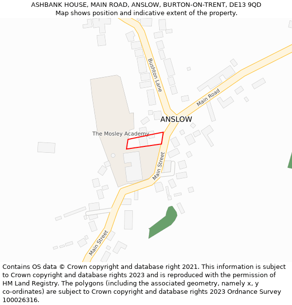 ASHBANK HOUSE, MAIN ROAD, ANSLOW, BURTON-ON-TRENT, DE13 9QD: Location map and indicative extent of plot