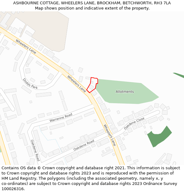 ASHBOURNE COTTAGE, WHEELERS LANE, BROCKHAM, BETCHWORTH, RH3 7LA: Location map and indicative extent of plot