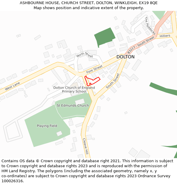 ASHBOURNE HOUSE, CHURCH STREET, DOLTON, WINKLEIGH, EX19 8QE: Location map and indicative extent of plot