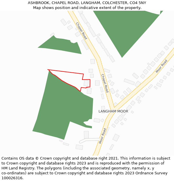ASHBROOK, CHAPEL ROAD, LANGHAM, COLCHESTER, CO4 5NY: Location map and indicative extent of plot