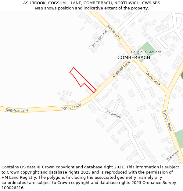 ASHBROOK, COGSHALL LANE, COMBERBACH, NORTHWICH, CW9 6BS: Location map and indicative extent of plot