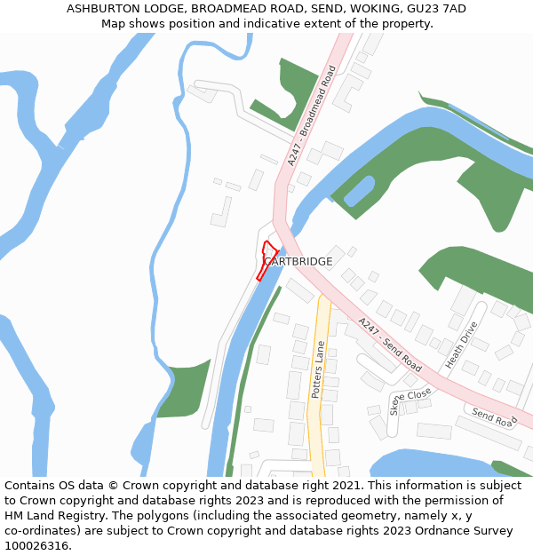 ASHBURTON LODGE, BROADMEAD ROAD, SEND, WOKING, GU23 7AD: Location map and indicative extent of plot