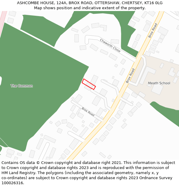 ASHCOMBE HOUSE, 124A, BROX ROAD, OTTERSHAW, CHERTSEY, KT16 0LG: Location map and indicative extent of plot