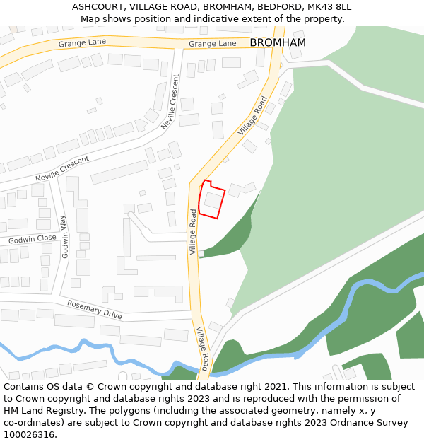 ASHCOURT, VILLAGE ROAD, BROMHAM, BEDFORD, MK43 8LL: Location map and indicative extent of plot