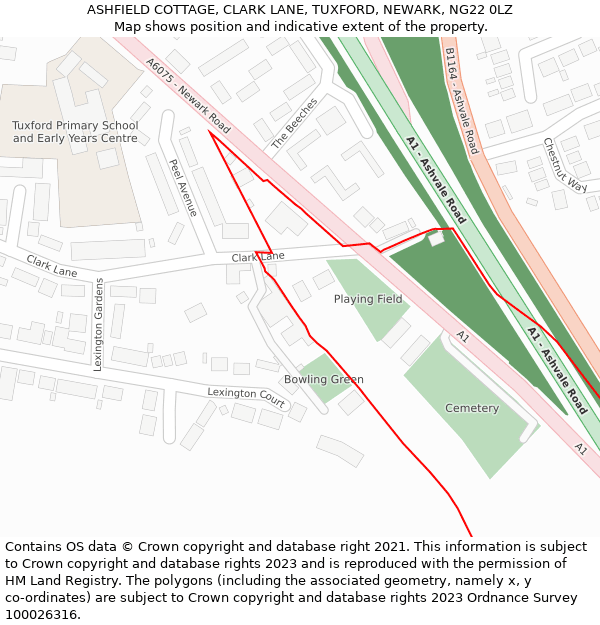 ASHFIELD COTTAGE, CLARK LANE, TUXFORD, NEWARK, NG22 0LZ: Location map and indicative extent of plot