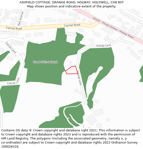ASHFIELD COTTAGE, GRANGE ROAD, HOLWAY, HOLYWELL, CH8 8ST: Location map and indicative extent of plot