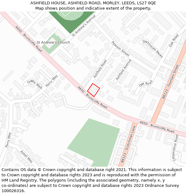 ASHFIELD HOUSE, ASHFIELD ROAD, MORLEY, LEEDS, LS27 0QE: Location map and indicative extent of plot